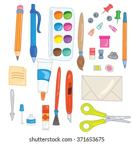 Set of 28 office and school supplies elements: scissors, stick notes, pins, watercolor, gouache, glue, envelope, paper knife, pen, pencil, palette knife, eraser, pencil sharpener and other things!