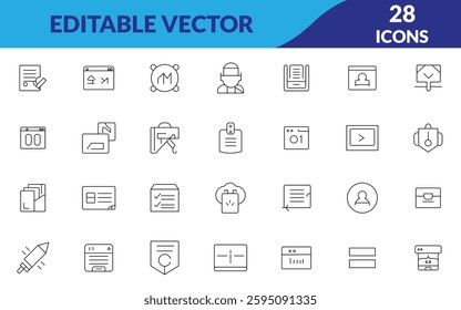 Set of 28 outline icons. Linear icon collection. Editable stroke. Vector illustration