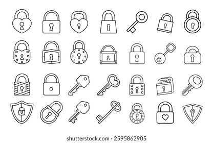 Set of 28 outline icons related to padlock. Linear icon collection. Editable stroke. Vector illustration