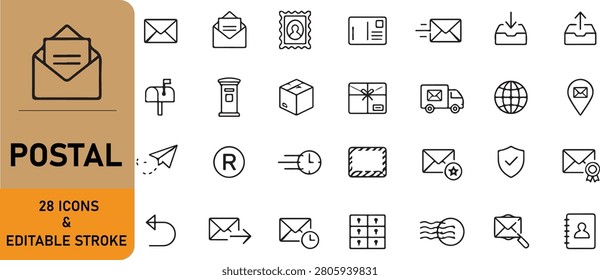 Set of 28 postal outline icons. Editable stroke black line vector symbols for mail, shipping, delivery, package, and communication isolated on a white background.