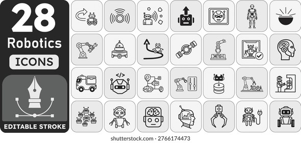 Set of 28 robotics icons showcasing futuristic technology and automation on transparent background