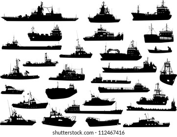 Set of 28 silhouettes of the sea cargo and military ships