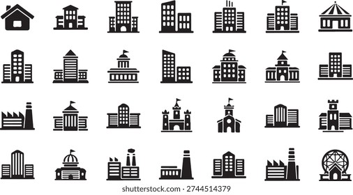 A set of 28 simple black and white icons depicting various city buildings and structures