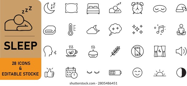 Set of 28 sleep and bedtime outline icons including bed, pillow, moon, alarm clock, meditation, herbal tea, sleep mask, and relaxation symbols. Editable stroke vector collection isolated on white background.