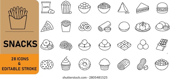 Set of 28 snacks outline vector icons featuring fries, chips, popcorn, burger, sandwich, pizza, pretzel, cookies, donut, cupcake, chocolate, peanuts, candy, and other snack foods. Editable stroke, modern line style, ideal for restaurant menus, food delivery apps, packaging, and UI design.