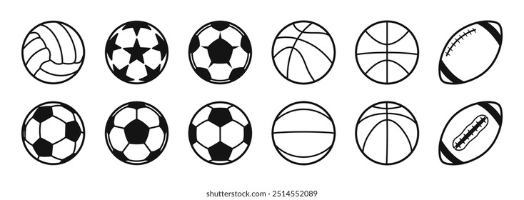 Set of 28 Sport simply balls icons.  American Football, Soccer, Basketball. Sport icons isolated on white background. Vector illustration.	