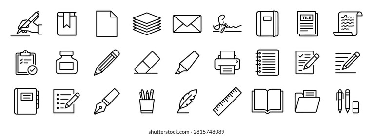 Set of 28 thin line stationery and office supplies icons including pen, notebook, paper, ink, printer, ruler, and folder symbols on transparent background