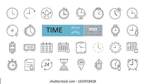 Set of 28 time icons with editable stroke. Linear icon of clock, wall, cuckoo, hourglass, fitness tracker, alarm clock, calendar with event reminder, stopwatch. Vector illustration on white background