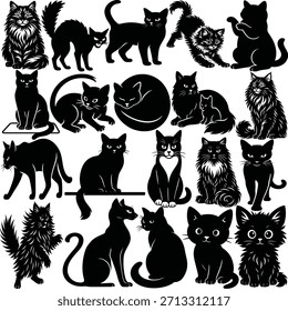 Set of 28 unique cat silhouettes in various poses, including sitting, walking, stretching, and playful kittens. Perfect for logos, prints, stickers, crafts, and pet-themed designs.