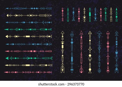 Set of 28 unusual minimalism geometric arrows. Modern trendy hipster style symbols collection. Vector ornament can be used for web design, backgrounds, textile, cards, tattoo and other crafts.