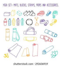 Set of 28 yoga and pilates props elements. Yoga mats, water bottles, straps, blocks, bags, pilates ring and band.