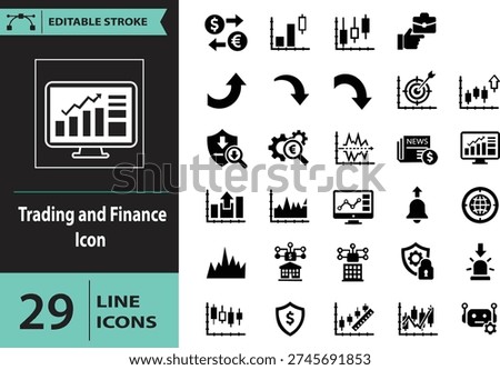 Set of 29 Black Line Icons Representing Trading and Finance Concepts