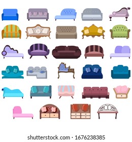 Set of 29 different sofas and couches. Furniture for apartments and offices. Collection of comfortable lounge for interior design. isolated. Retro-style. Different models of settee icons.