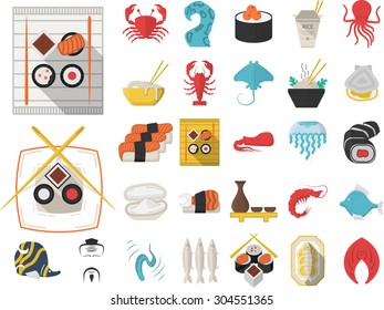 Set of 29 flat color design vector icons for elements of asian seafood menu on white background