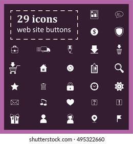 Set of 29 icons for website buttons. WhiteÂ symbols, logos, emblems on the purple background. Vector Illustration