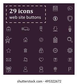 Set of 29 icons for website buttons. White symbols, logos, emblems on the purple background. Only the circuit. Vector Illustration