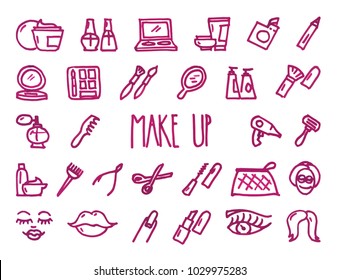 Set of 29 Make-up hand drawn red icons drawn with a felt-tip pen