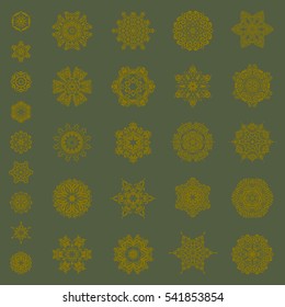 Set with 29 snowflakes, doodles and dots on a green background. Watercolor painting effect. Handmade drawing. For the Christmas design and decoration.