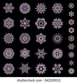 Set of 29 snowflakes, snowfall in neutral colors on a black background. Stock vector illustration falling snow.