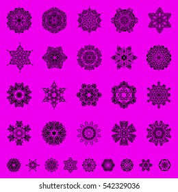 Set of 29 snowflakes, snowfall on a magenta background. Stock vector illustration falling snow.