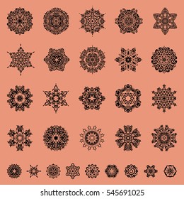 Set of 29 winter New Year snowflakes on a neutral background. Vector Christmas theme.