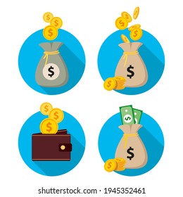 Set of 2D and 3D icons in a circle. Money, gold coins, dollars, wallet, money bag-02.