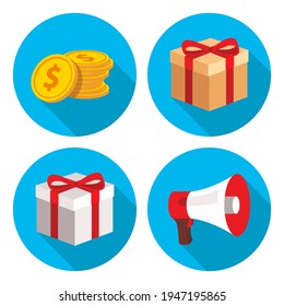 Set of 2D and 3D icons in a circle, money, gold coins, promotion, report, discount, box, gift, bonus, shop, shopping-02.