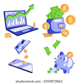 Set of 2d business icons. Laptop, business development, piggy bank, wallet with money, credit card, phone, online payment, dollar bills and coins. Isolated vector objects