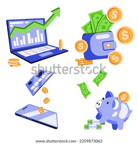 Set of 2d business icons. Laptop, business development, piggy bank, wallet with money, credit card, phone, online payment, dollar bills and coins. Isolated vector objects