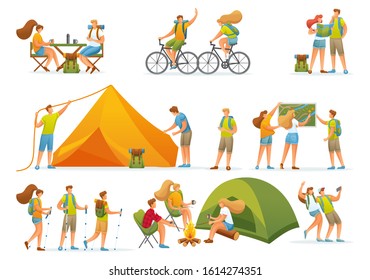 Set of 2D concepts, outdoor activities, camping. For vector illustrations.