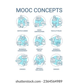 Set of 2D editable blue thin line icons representing MOOC, monochromatic isolated vector, linear illustration.