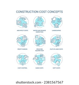 Conjunto de iconos de línea delgada azul editable 2D que representan el costo de construcción, vector aislado, ilustración lineal.