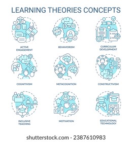 Set of 2D editable blue thin line icons representing learning theories, isolated vector, linear illustration.