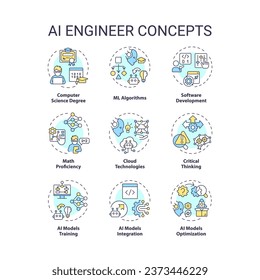 Set of 2D editable colorful thin line icons representing AI engineer, isolated vector, linear illustration.