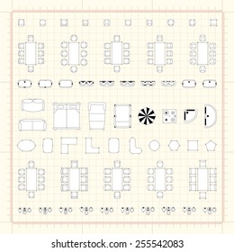 Set of 2d editable flat vector icons furniture for interior outline design on graphing engineering paper. Editable EPS10 vector illustration