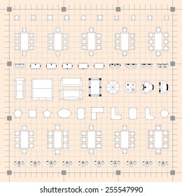 Set of 2d editable flat vector icons furniture for interior outline design on graphing engineering paper. Editable EPS10 vector illustration