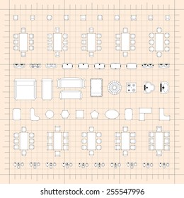Set of 2d editable flat vector icons furniture for interior outline design on graphing engineering paper. Editable EPS10 vector illustration