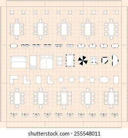 Set of 2d editable flat vector icons furniture for interior outline design on graphing engineering paper. Editable EPS10 vector illustration