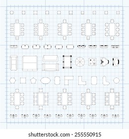 Set of 2d editable flat vector icons furniture for interior outline design on graphing engineering paper. Editable EPS10 vector illustration