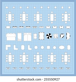 Set of 2d editable flat vector icons furniture for interior outline design on graphing engineering paper. Editable EPS10 vector illustration