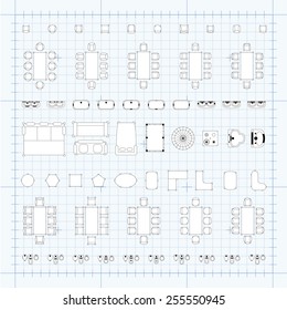 Set of 2d editable flat vector icons furniture for interior outline design on graphing engineering paper. Editable EPS10 vector illustration