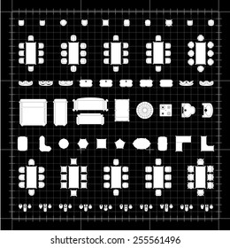 Set of 2d editable flat vector icons furniture for interior outline design on graphing engineering paper. Editable EPS10 vector illustration
