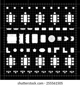 Set of 2d editable flat vector icons furniture for interior outline design on graphing engineering paper. Editable EPS10 vector illustration