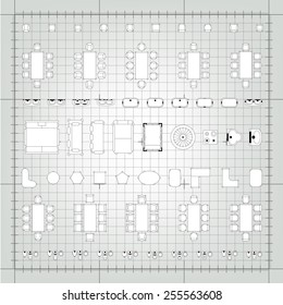 Set of 2d editable flat vector icons furniture for interior outline design on graphing engineering paper. Editable EPS10 vector illustration