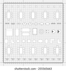 Set of 2d editable flat vector icons furniture for interior outline design on graphing engineering paper. Editable EPS10 vector illustration