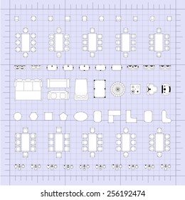 Set of 2d editable flat vector icons furniture for interior outline design on graphing engineering paper. Editable EPS10 vector illustration