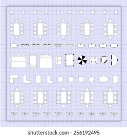 Set of 2d editable flat vector icons furniture for interior outline design on graphing engineering paper. Editable EPS10 vector illustration
