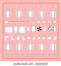 Set of 2d editable flat vector icons furniture for interior outline design on graphing engineering paper. Editable EPS10 vector illustration