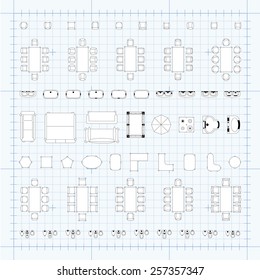 Set of 2d editable flat vector icons furniture for interior outline design on graphing engineering paper. Editable EPS10 vector illustration