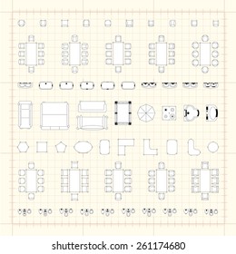 Set of 2d editable flat vector icons furniture for interior outline design on graphing engineering paper. Editable EPS10 vector illustration